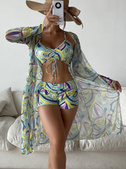 3pcs Pring Bikini With Long Sleeve Cardigan Fashion Summer Beach Swimsuit Women - Glow Goddess Cosmetics