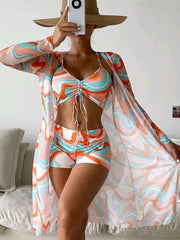 3pcs Pring Bikini With Long Sleeve Cardigan Fashion Summer Beach Swimsuit Women - Glow Goddess Cosmetics