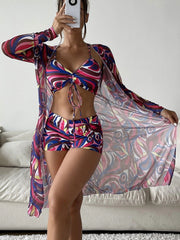 3pcs Pring Bikini With Long Sleeve Cardigan Fashion Summer Beach Swimsuit Women - Glow Goddess Cosmetics