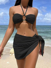 3pcs Solid Color Stripe Swimsuit Sexy Summer Beach Bikini Set Womens Clothing - Glow Goddess Cosmetics