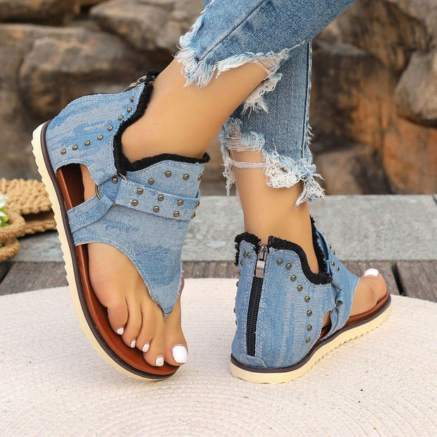 Denim Thong Sandals With Rear Zipper Summer Retro Beach Flat Shoes For Women - Glow Goddess Cosmetics