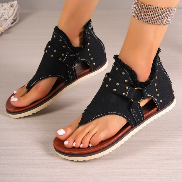 Denim Thong Sandals With Rear Zipper Summer Retro Beach Flat Shoes For Women - Glow Goddess Cosmetics