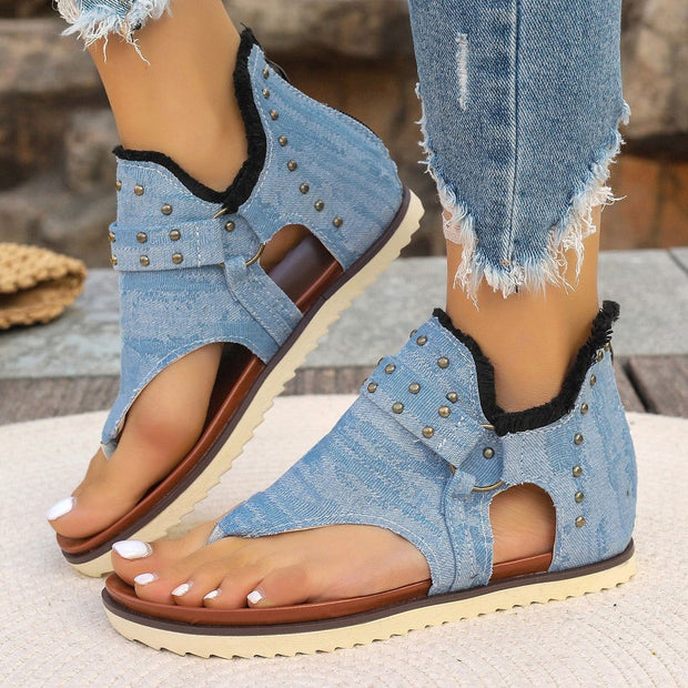 Denim Thong Sandals With Rear Zipper Summer Retro Beach Flat Shoes For Women - Glow Goddess Cosmetics