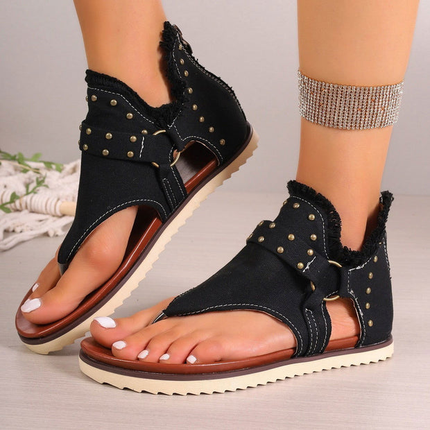 Denim Thong Sandals With Rear Zipper Summer Retro Beach Flat Shoes For Women - Glow Goddess Cosmetics