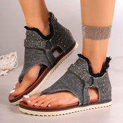 Denim Thong Sandals With Rear Zipper Summer Retro Beach Flat Shoes For Women - Glow Goddess Cosmetics