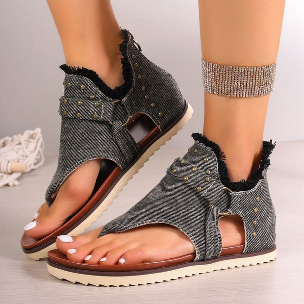 Denim Thong Sandals With Rear Zipper Summer Retro Beach Flat Shoes For Women - Glow Goddess Cosmetics